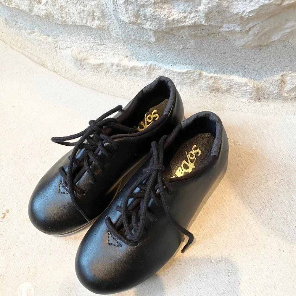 So Danca Kids Black Leather Lace Up Tap Shoes Size 7.5‎ Medium